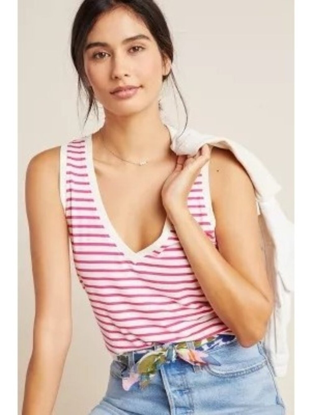 Bordeaux Antigua Ivory & Pink Striped V-Neck Tank Top